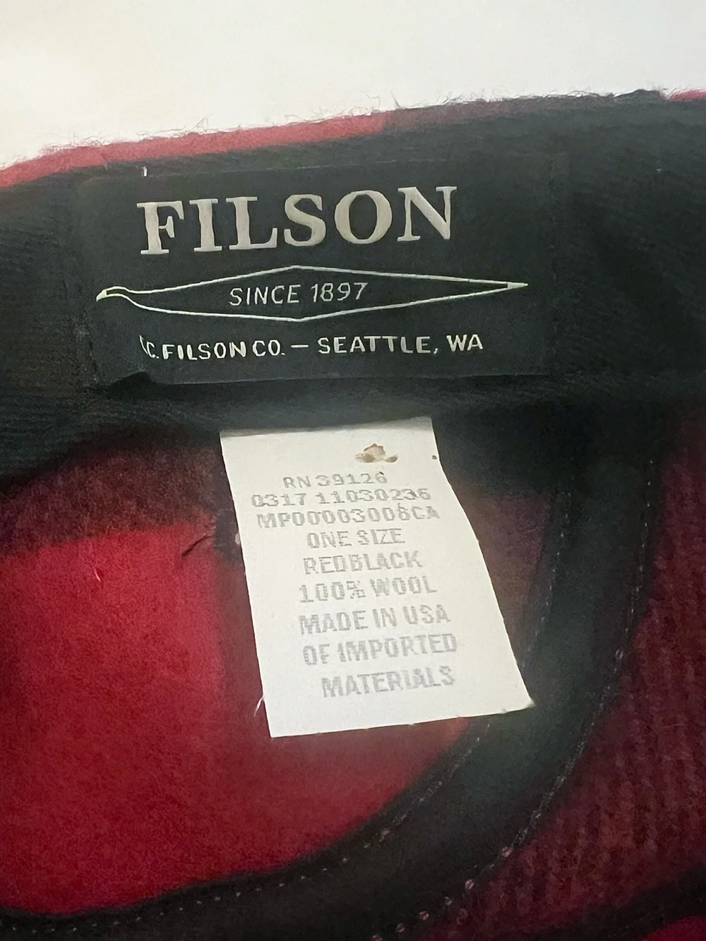Filson Red and Black Buffalo Plaid Wool Cap